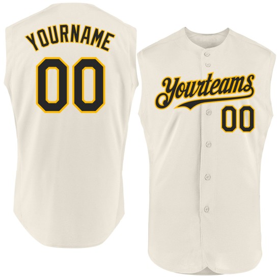 Authentisches Schwarz-Gold Baseball-Trikot Creme Ärmellos Custom Authentisches Schwarz-Gold Baseball-Trikot Creme Ärmellos Custom