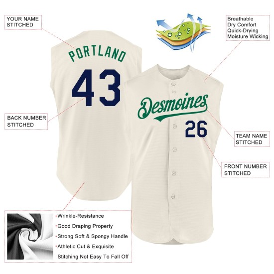 Ärmelloses Baseball-Trikot Custom Authentic Cream Navy-Kelly Green Ärmelloses Baseball-Trikot Custom Authentic Cream Navy-Kelly Green