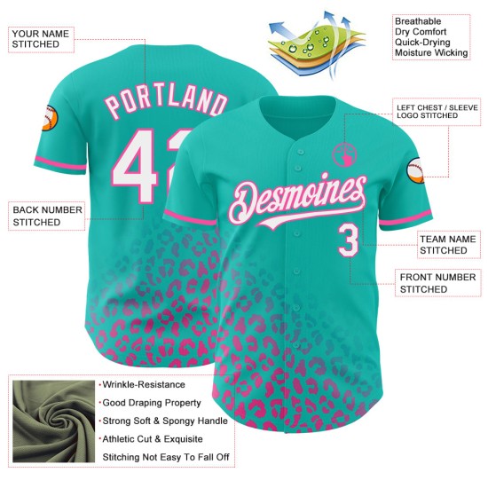 Benutzerdefinierte Leopard Weiß-Rosa Druck Jersey Verblassen Authentische 3D Baseball Muster Teal Design Mode Benutzerdefinierte Leopard Weiß-Rosa Druck Jersey Verblassen Authentische 3D Baseball Muster Teal Design Mode