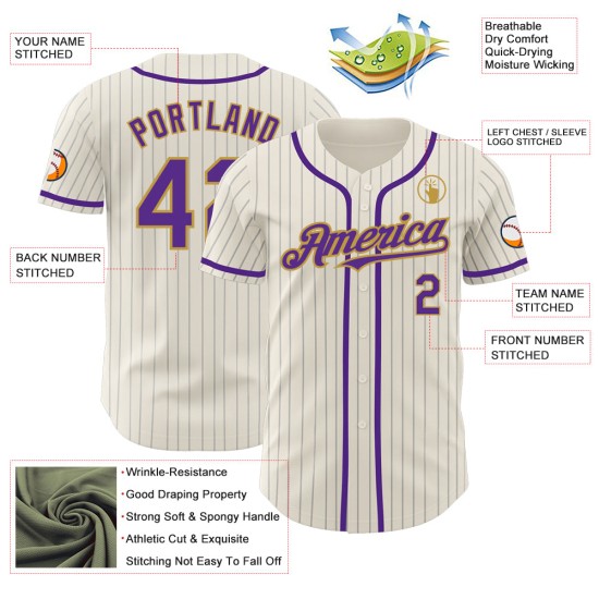 Lila-Old Custom Gold Baseball Grau Creme Authentic Jersey Nadelstreifen Lila-Old Custom Gold Baseball Grau Creme Authentic Jersey Nadelstreifen