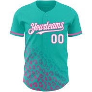 Benutzerdefinierte Leopard Weiß-Rosa Druck Jersey Verblassen Authentische 3D Baseball Muster Teal Design Mode Benutzerdefinierte Leopard Weiß-Rosa Druck Jersey Verblassen Authentische 3D Baseball Muster Teal Design Mode