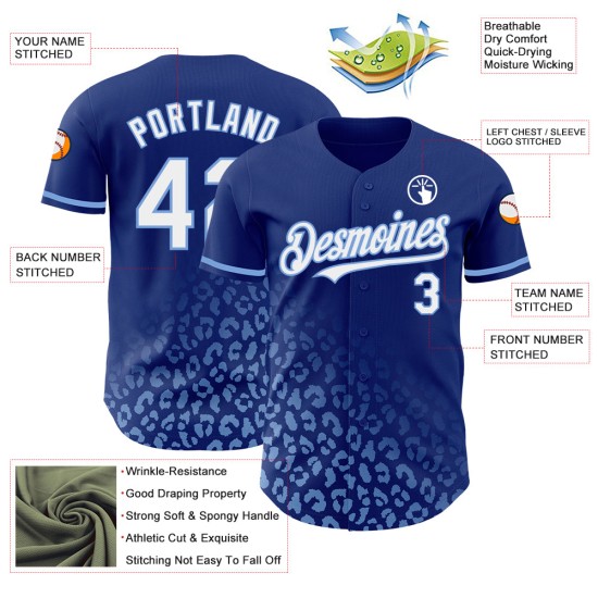 Benutzerdefinierter Baseball-Trikot mit weißem Lichtdruck, blaues verblassendes Muster, Leoparden-Modedesign, Royal Authentic 3D Benutzerdefinierter Baseball-Trikot mit weißem Lichtdruck, blaues verblassendes Muster, Leoparden-Modedesign, Royal Authentic 3D
