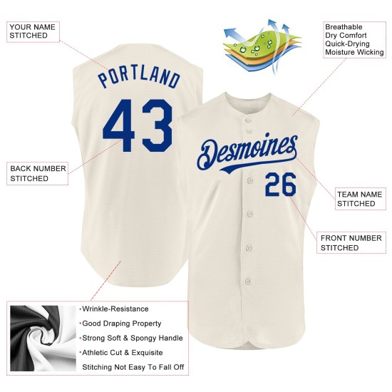 Benutzerdefiniertes cremefarbenes, ärmelloses authentisches Royal Baseball-Trikot Benutzerdefiniertes cremefarbenes, ärmelloses authentisches Royal Baseball-Trikot
