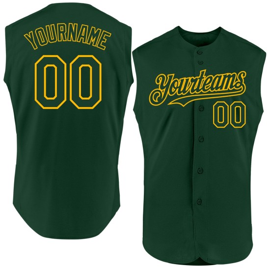 Benutzerdefiniertes ärmelloses grünes Baseball-Trikot in Gold Benutzerdefiniertes ärmelloses grünes Baseball-Trikot in Gold