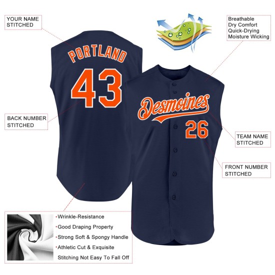 Ärmelloses Trikot Marineblau Orange-Weiß Custom Baseball Authentic Ärmelloses Trikot Marineblau Orange-Weiß Custom Baseball Authentic