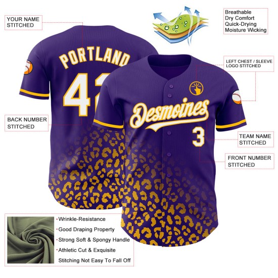 Authentisches Weiß-Gold Leopard Custom Muster 3D Print Jersey Baseball Lila Fashion Fade Design Authentisches Weiß-Gold Leopard Custom Muster 3D Print Jersey Baseball Lila Fashion Fade Design