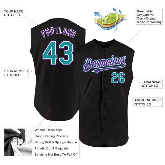 Blaugrün-Lila Jersey Ärmellos Custom Baseball Authentic Schwarz Blaugrün-Lila Jersey Ärmellos Custom Baseball Authentic Schwarz