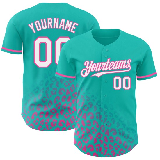 Benutzerdefinierte Leopard Weiß-Rosa Druck Jersey Verblassen Authentische 3D Baseball Muster Teal Design Mode Benutzerdefinierte Leopard Weiß-Rosa Druck Jersey Verblassen Authentische 3D Baseball Muster Teal Design Mode