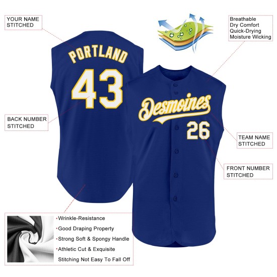 Jersey Baseball Weiß-Gelb Custom Royal Ärmellos Authentic Jersey Baseball Weiß-Gelb Custom Royal Ärmellos Authentic