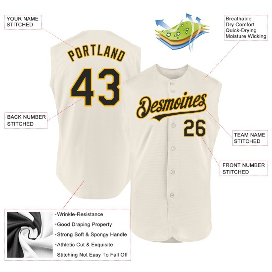 Authentisches Schwarz-Gold Baseball-Trikot Creme Ärmellos Custom Authentisches Schwarz-Gold Baseball-Trikot Creme Ärmellos Custom