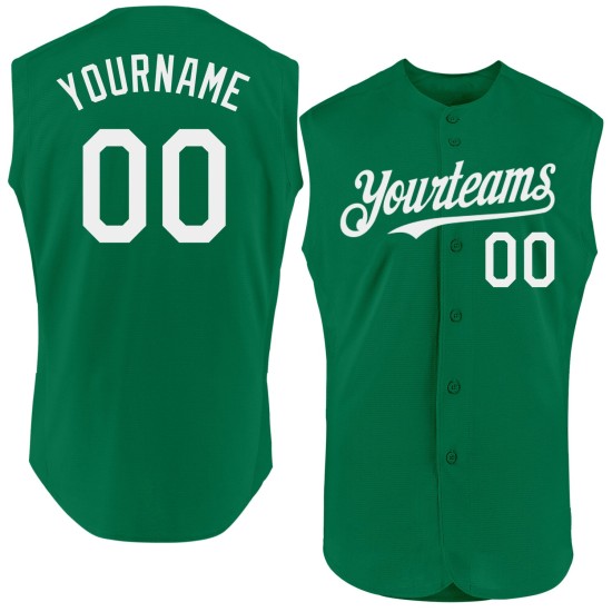 Ärmelloses authentisches grün-weißes Kelly Baseball-Trikot nach Maß Ärmelloses authentisches grün-weißes Kelly Baseball-Trikot nach Maß
