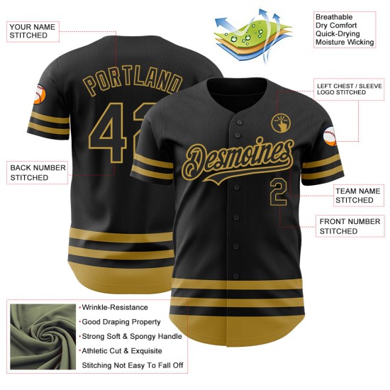 Altes benutzerdefiniertes authentisches Baseball-Trikot mit schwarzer Goldlinie Altes benutzerdefiniertes authentisches Baseball-Trikot mit schwarzer Goldlinie