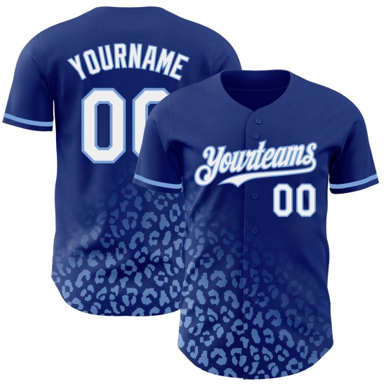 Benutzerdefinierter Baseball-Trikot mit weißem Lichtdruck, blaues verblassendes Muster, Leoparden-Modedesign, Royal Authentic 3D Benutzerdefinierter Baseball-Trikot mit weißem Lichtdruck, blaues verblassendes Muster, Leoparden-Modedesign, Royal Authentic 3D