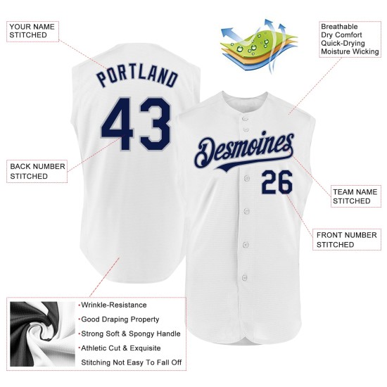 Weißes ärmelloses Marine-Grau Custom Jersey Authentic Baseball Weißes ärmelloses Marine-Grau Custom Jersey Authentic Baseball