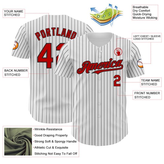 Benutzerdefinierte schwarze Trikot rot weiß Nadelstreifen Baseball authentisch Benutzerdefinierte schwarze Trikot rot weiß Nadelstreifen Baseball authentisch